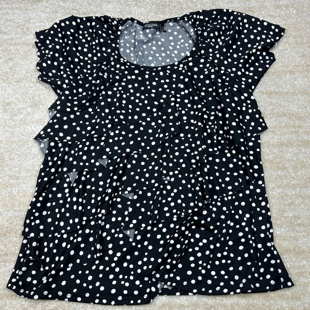 Notations Blouse Womens 1X Black White Polka Dot Tiered Ruffle Short Sleeve Top - Picture 1 of 6